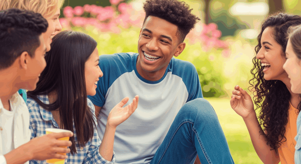 Kid with braces haning out with friends