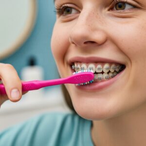 A girl with braces brushing her teeth