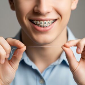 a young man with braces holding a piece of floss