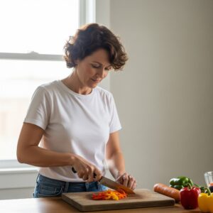 A woman cutting veggies symbolizing a healthy diet