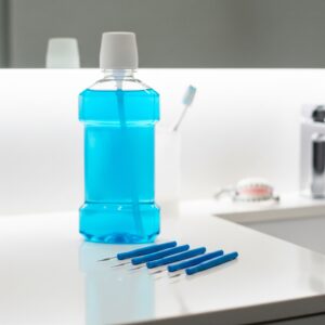 A bottle of mouthwash next to some dental tools on a counter