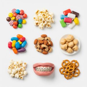 Images of foods to avoid with braces including nuts, candies, popcorn and more