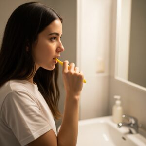 A woman brushing her teeth