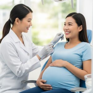 Dentist doing a dental exam on a pregnant woman