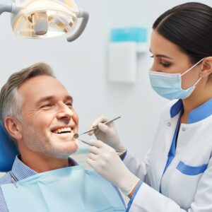 Dentist using tools to do a teeth cleaning on a man