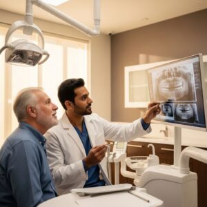 Dentist and patient discussing dental implant treatment