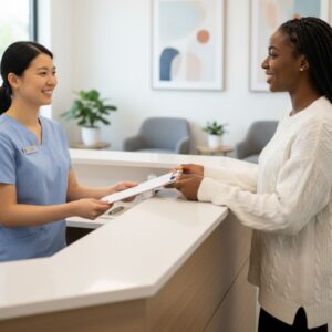 A friendly dental receptionist, an Asian woman, hands a clipboard to a patient, a Black woman, at the front desk of a modern dental office.