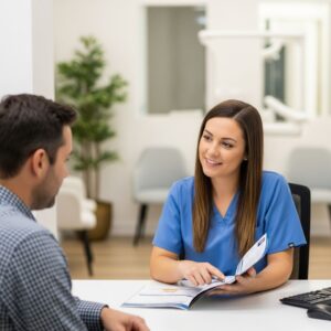A friendly dentist, a woman, is seated at a desk and discussing treatment options or payment plans with a male patient. The dentist is holding a folder and pointing to a document.