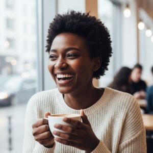 Smiling Black woman holding a white mug in a brightly lit cafe, showcasing great dental aesthetics and a relaxed, happy lifestyle.