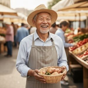 Elderly Asian man with a straw hat and apron smiling genuinely while holding a basket of potatoes at an outdoor market; represents healthy living and community.