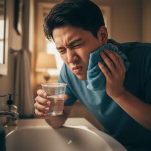 Man in a bathroom holding a towel to his cheek and looking pained, preparing to rinse his mouth with water to manage a toothache.
