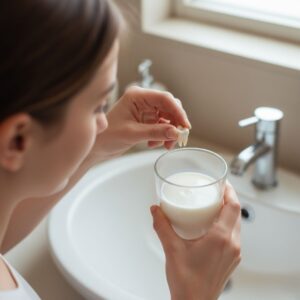 Woman holding a knocked-out tooth near a glass of milk in a bathroom, demonstrating proper emergency care for a lost tooth.