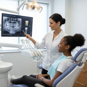 Female dentist or hygienist pointing to a large digital X-ray screen while speaking reassuringly to a young patient in a dental chair.