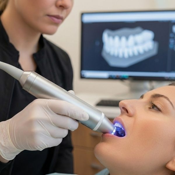 a dentist using a high-tech 3D intraoral camera for digital dental impressions
