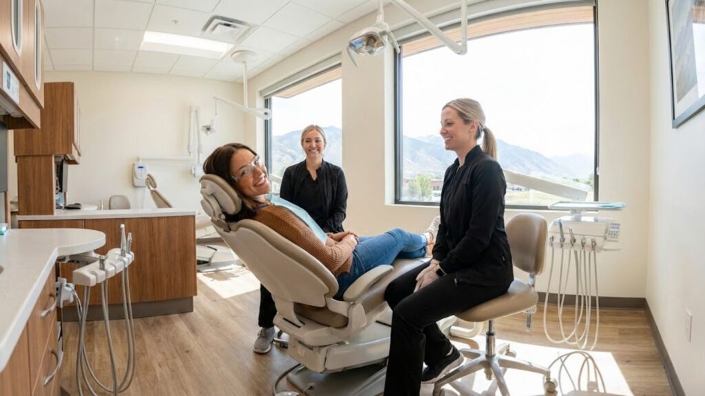A happy patient with a bright smile during a dental care appointment