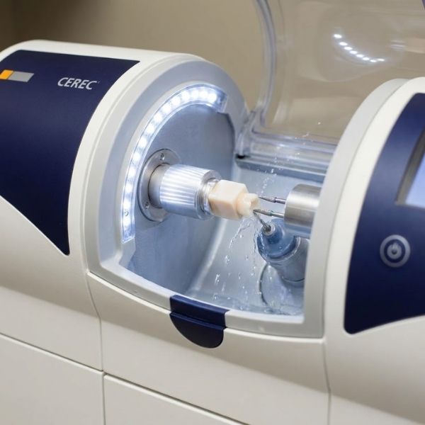 A CEREC milling machine carving a custom porcelain crown