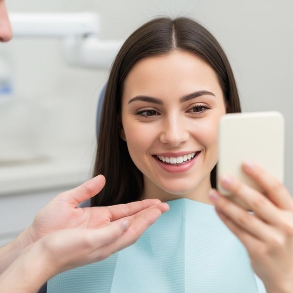 A smiling patient admiring her new CEREC porcelain crown in a mirror