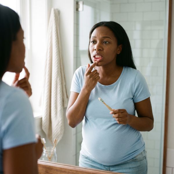 pregnant woman looking at teeth